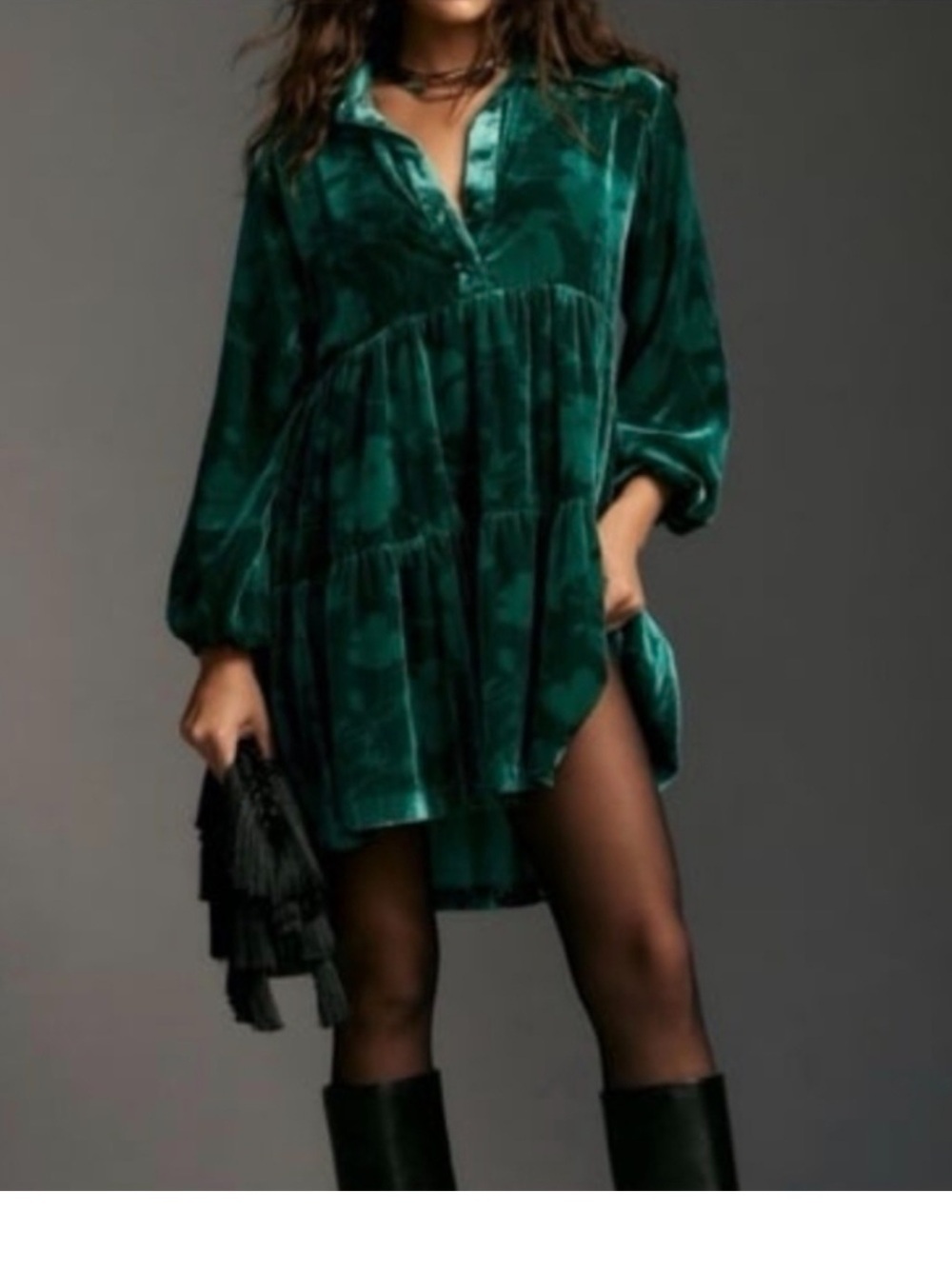 Anthropologie Maeve Bettina Emerald Green Velvet Tiered Mini Dress